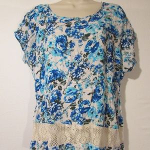 Rendexvous Blouse Top Blue/Cream Romantic Sz Large